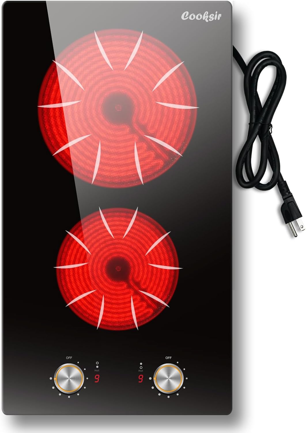 Cooksir 2 Burner Electric Cooktop, 12 Inch Electric Stove Top Built-in & Countertop, 110V Two Burner Electrical Cook Top with Knob Control, 9 Power Level, Over Heat Protection, 2000W, 110V Plug in