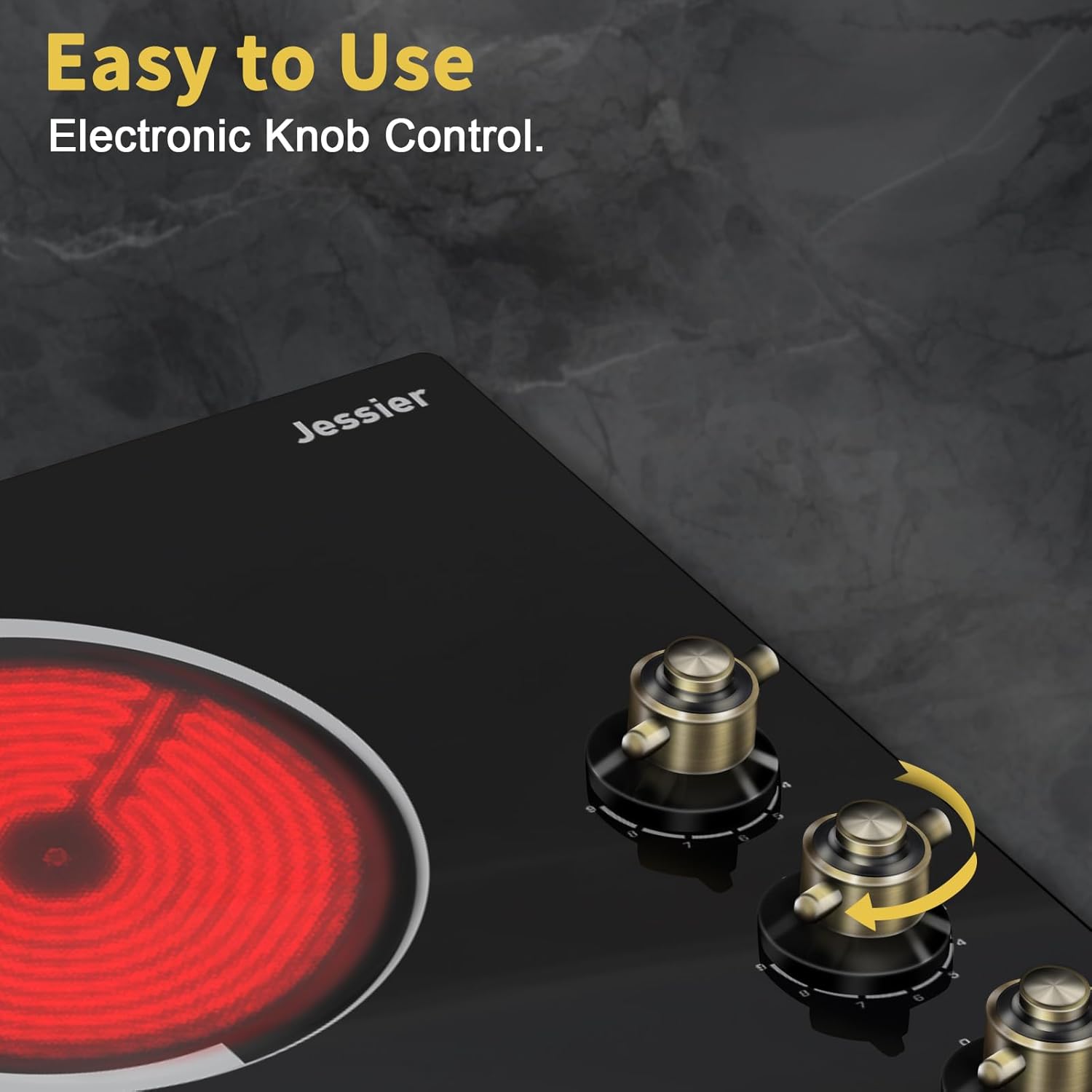 Jessier Electric Cooktop 24 Inch - 4 Burner Drop-in Radiant Electric Cooktop 6000W with Knob Control, 220-240V Electrical Ceramic Stove Top with 9 Heating Levels and Residual Heat Indication (No Plug)
