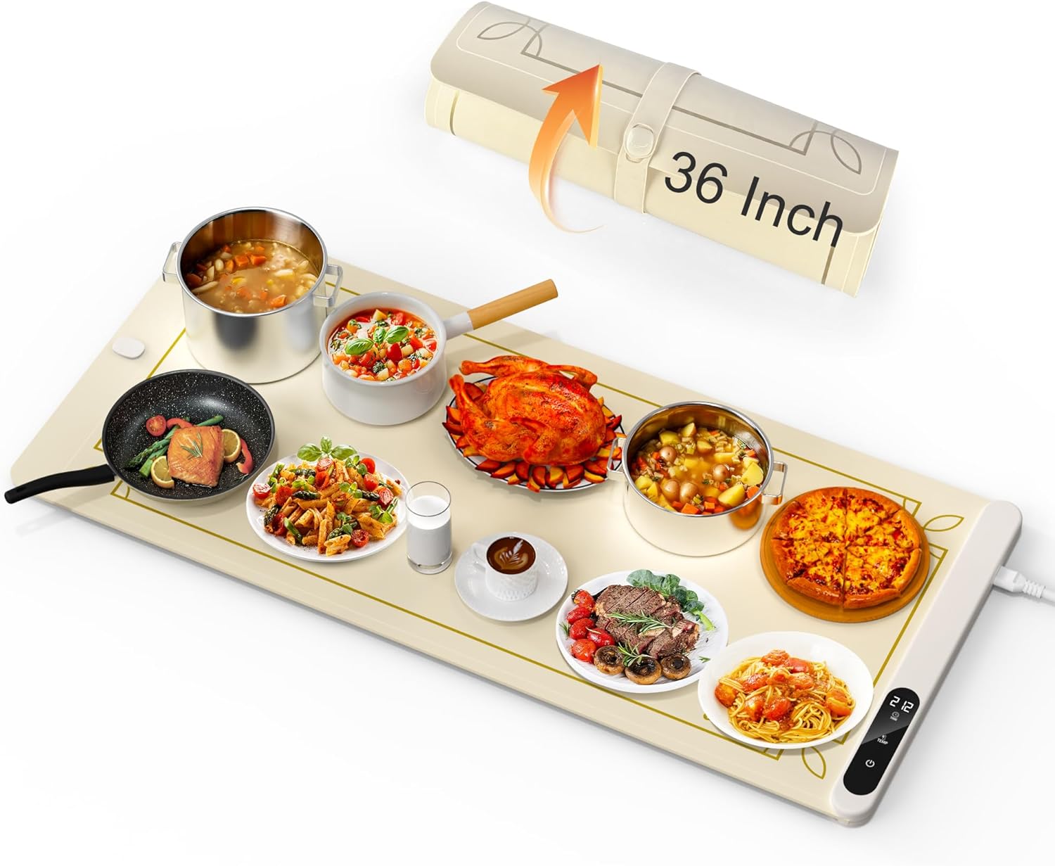 Cooksir Electric Warming Mat - Foldable Tray for Food, Extra Large Graphene Warmer for Buffets, Parties, Gatherings, Holidays, 6 Level Temperature, Timer, 36 Inch (Cream White)