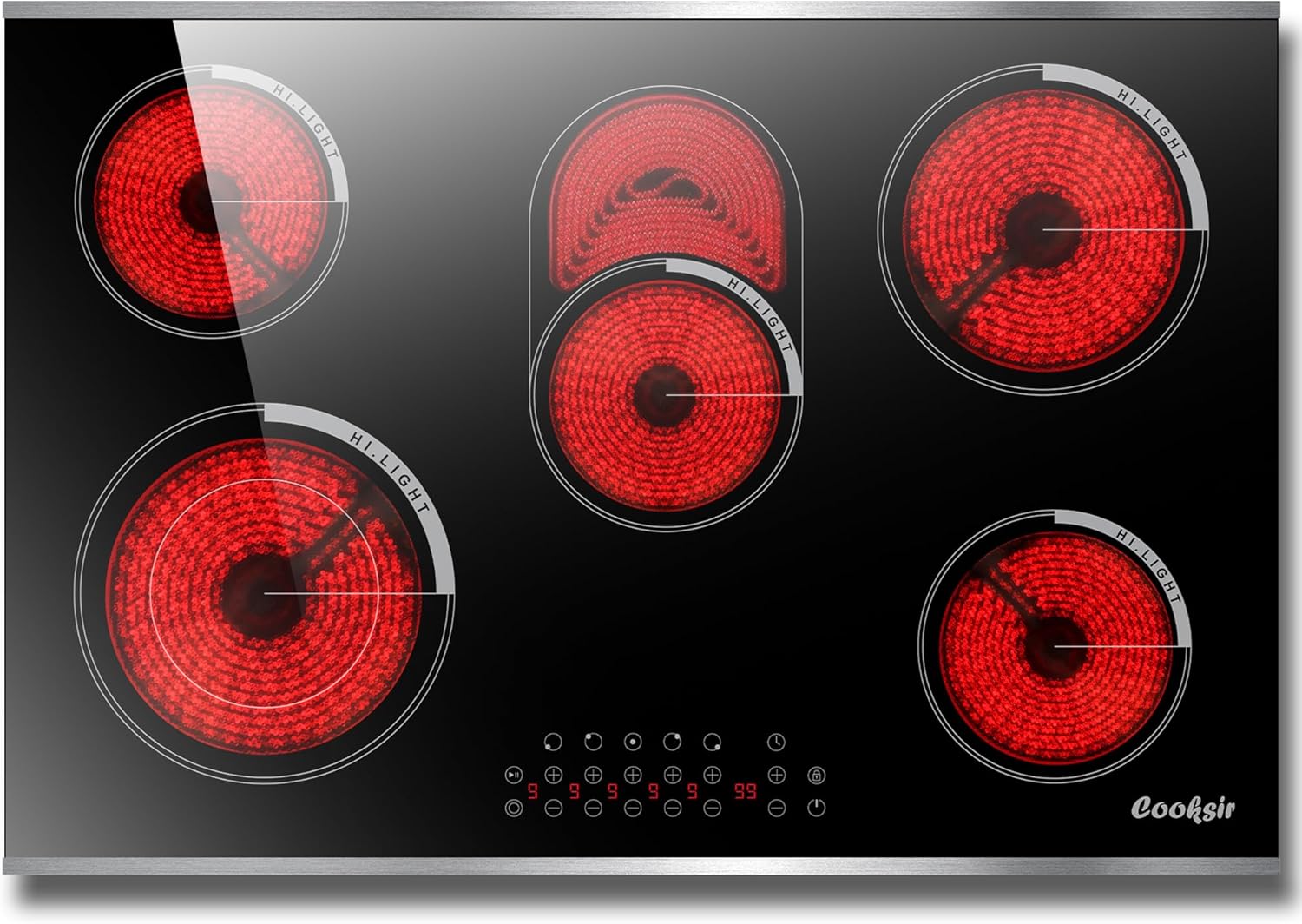 Cooksir Electric Cooktop 30 Inch - 5 Burner Electric Stove Built-in 8400W High Power, 30 In Ceramic Stove Touch Control with Timer, Safety Lock, Glass Metal Prame, 220-240V Hard Wired (No Plug)
