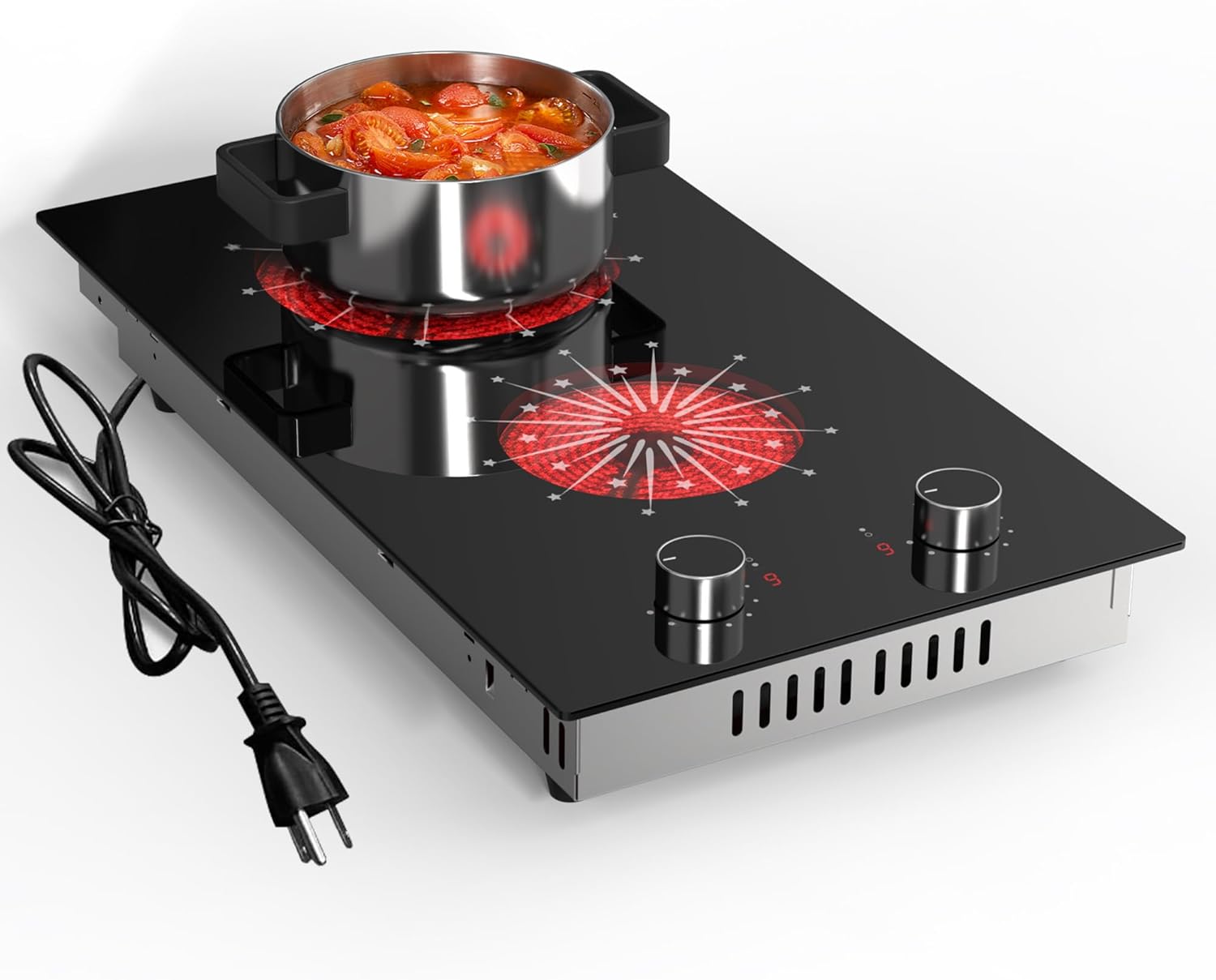 Disaenvir 2 Burner Electric Cooktop - 12 Inch Electric Stove Built-in & Countertop, 120V Portable Two Burners Electrical Stovetop with Knob Control, Over Heat Protection, 9 Power Level, 110V Plug in