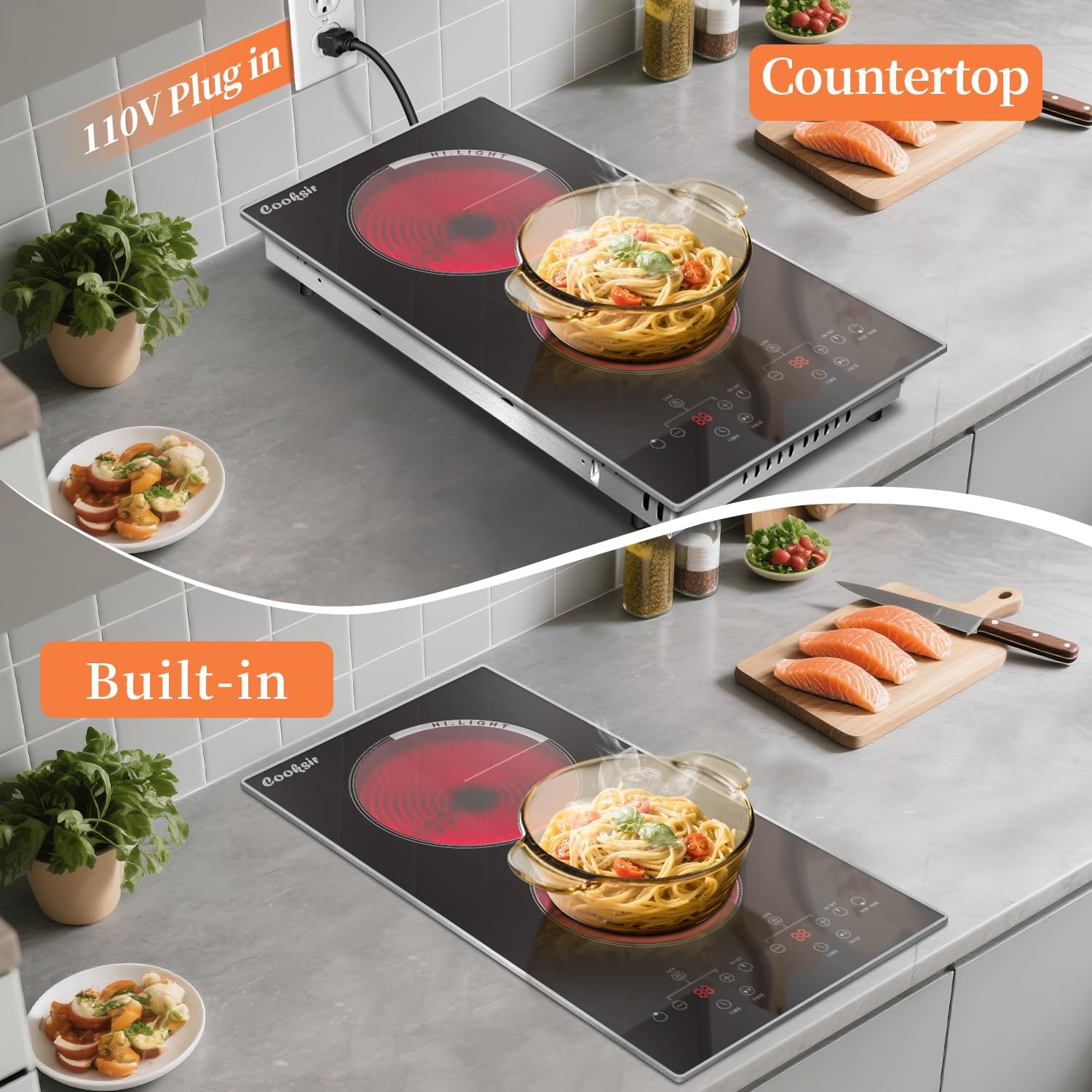 Cooksir Portable Electric Cooktop 2 Burner, 110V Plug in Electric Stovetop with Protective Full Metal Edge, 12 Inch Countertop & Built-in Ceramic Cooktop with Safety Lock, Timer, Sensor Touch