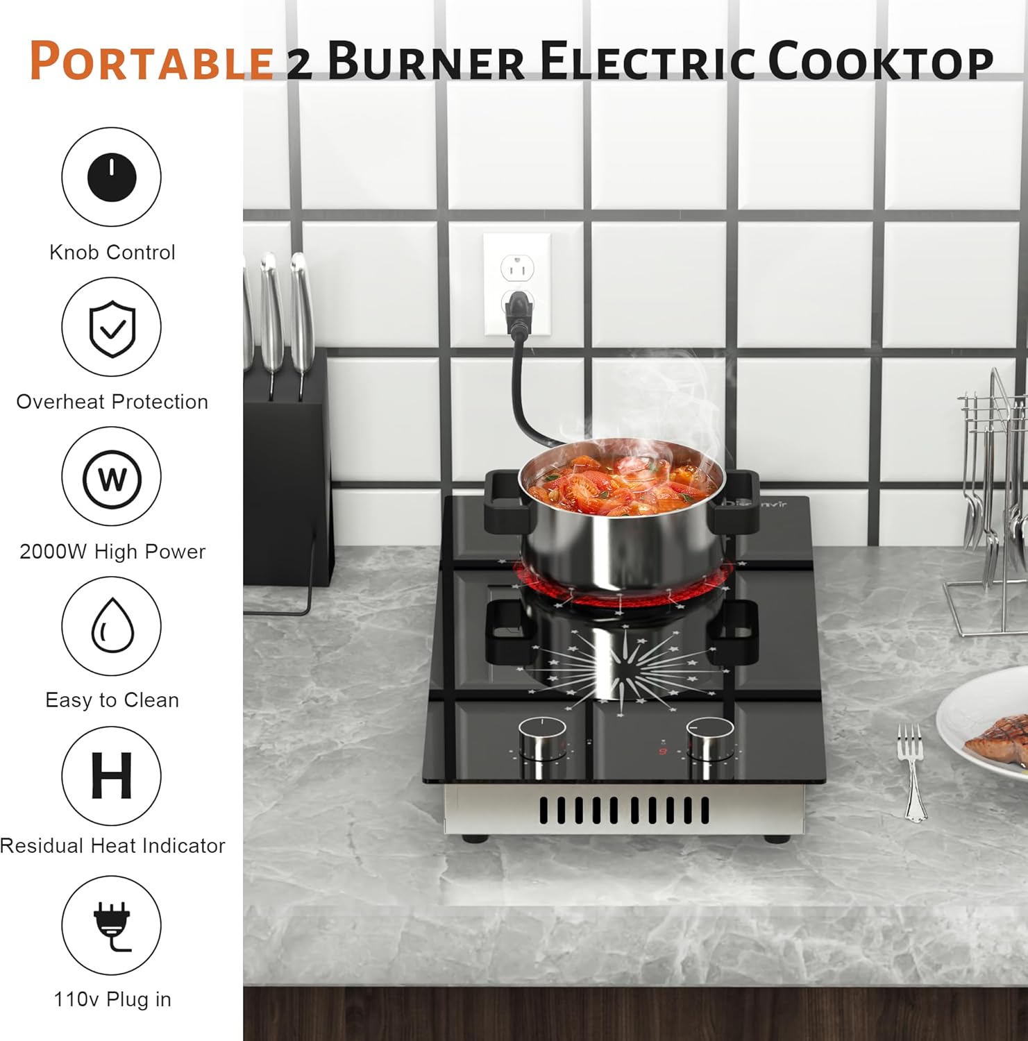 Disaenvir 2 Burner Electric Cooktop - 12 Inch Electric Stove Built-in & Countertop, 120V Portable Two Burners Electrical Stovetop with Knob Control, Over Heat Protection, 9 Power Level, 110V Plug in