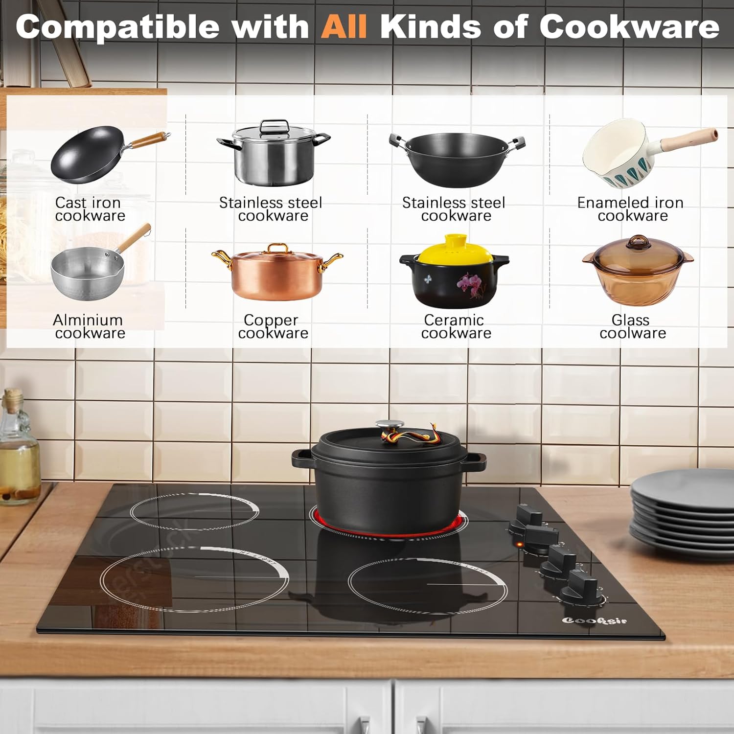 Cooksir Electric Cooktop 24 Inch - 4 Burner Built-in Electric Stove Top 6000W, Radiant Electrical Stovetop with 9 Heating Level, Knob Control, Auto Shut Off Protection, 220-240V Hard Wired (No Plug)