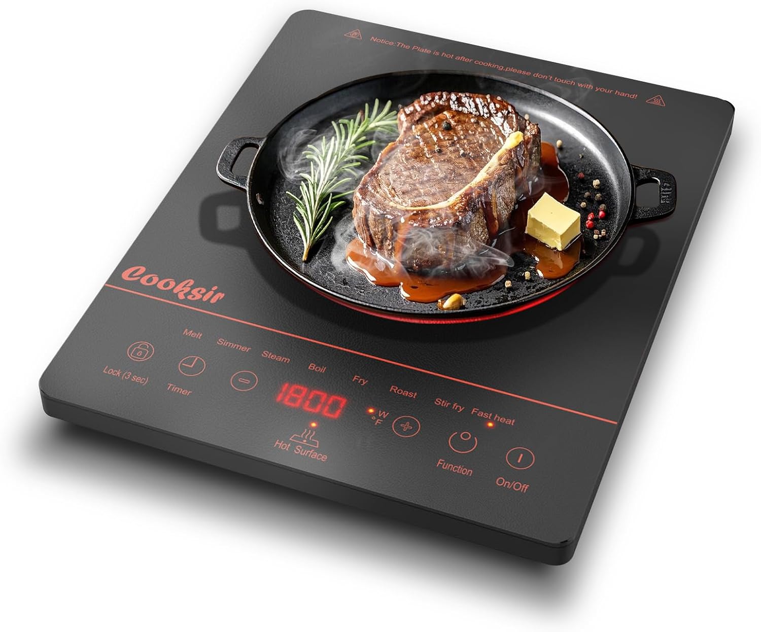 Cooksir Single Burner Electric Cooktop - Portable One Burner Electrical Stove, 1800W Infrared Electric Hot Plate with Safety Lock, Timer, Overheat Protection, Touch Control, 110V-120V Plug in (Orange)