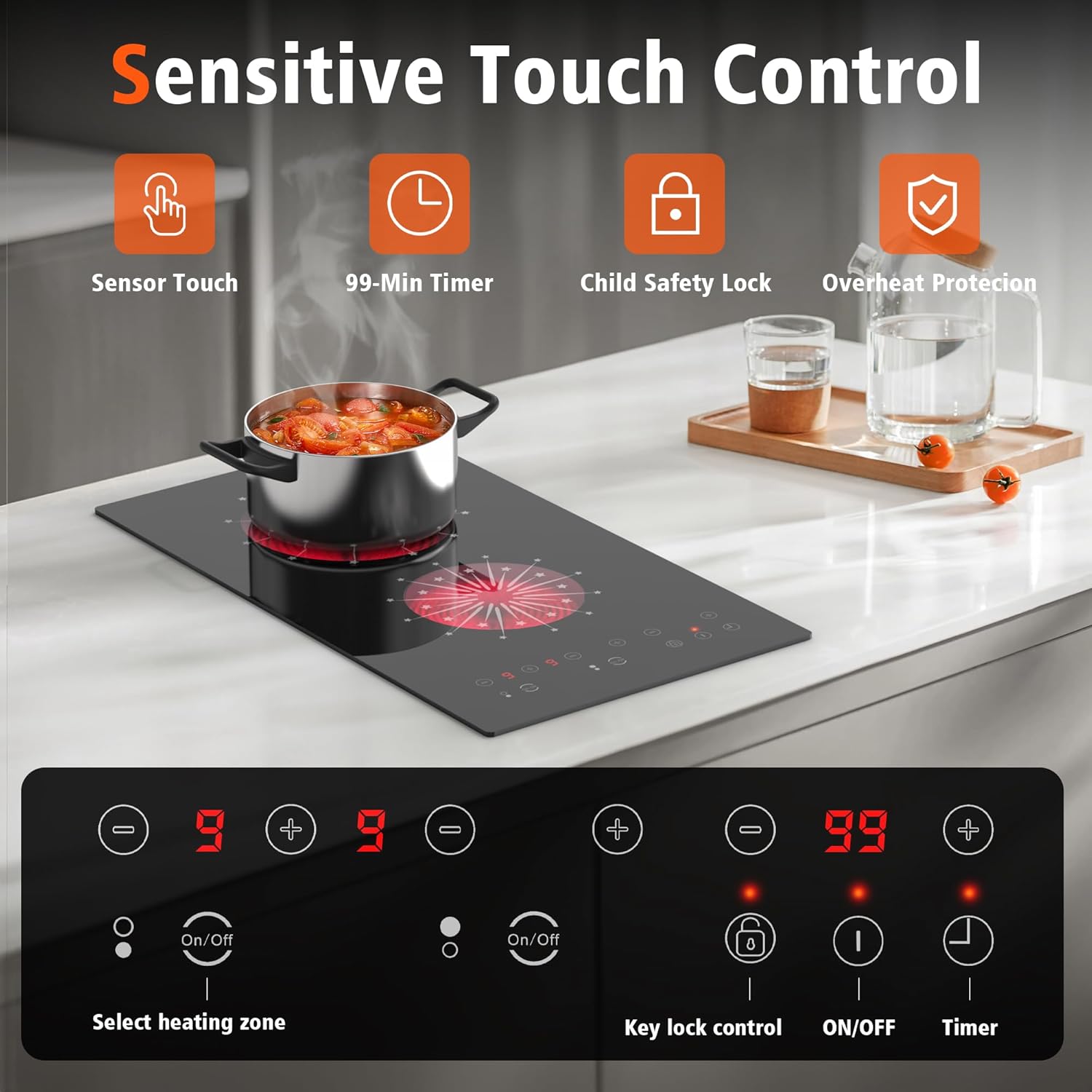 Disaenvir 2 Burner Electric Cooktop - 12 Inch Electric Stovetop Built-in & Countertop 2000W, 120V Portable Two Burner Radiant Electrical Cook Top Sensor Touch Control, Timer, Safety Lock, 110V Plug in
