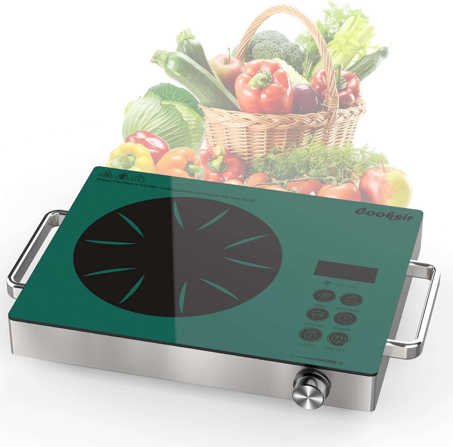 Cooksir Single Burner Electric Cooktop - 110V 1800W Portable One Burner Hot Plate, Countertop Electric Stove top for Home, Camping, RV, Timer, Child Lock, Steam, BBQ, Stir Fry, 120V Plug in (Green)