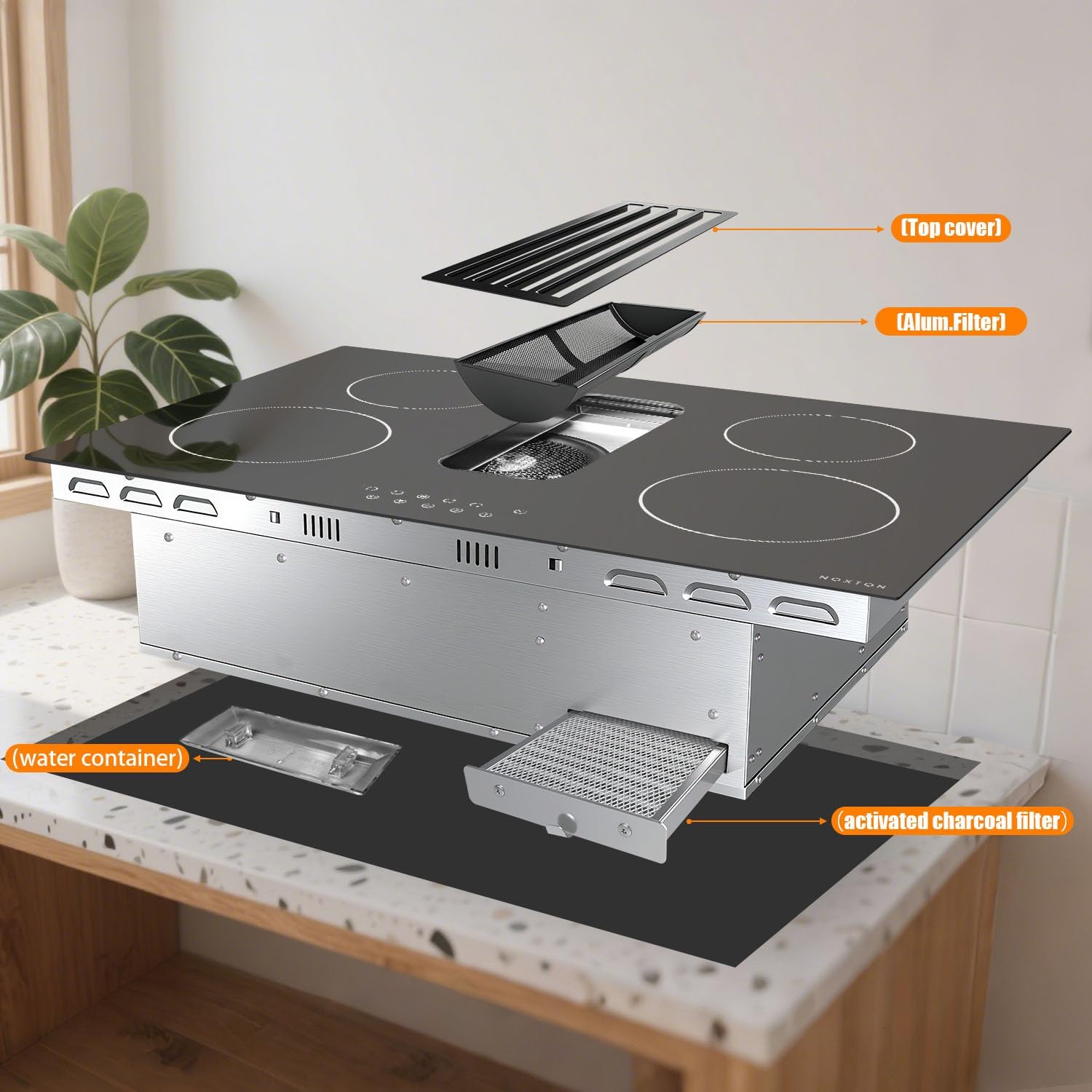 Noxton 30" Electric Cooktop with Downdraft Vent, 4 Burner Radiant Stove Top, 6000W, 240V Hardwired, 9 Heat Settings, 99-Min Timer, Pause & Child Lock