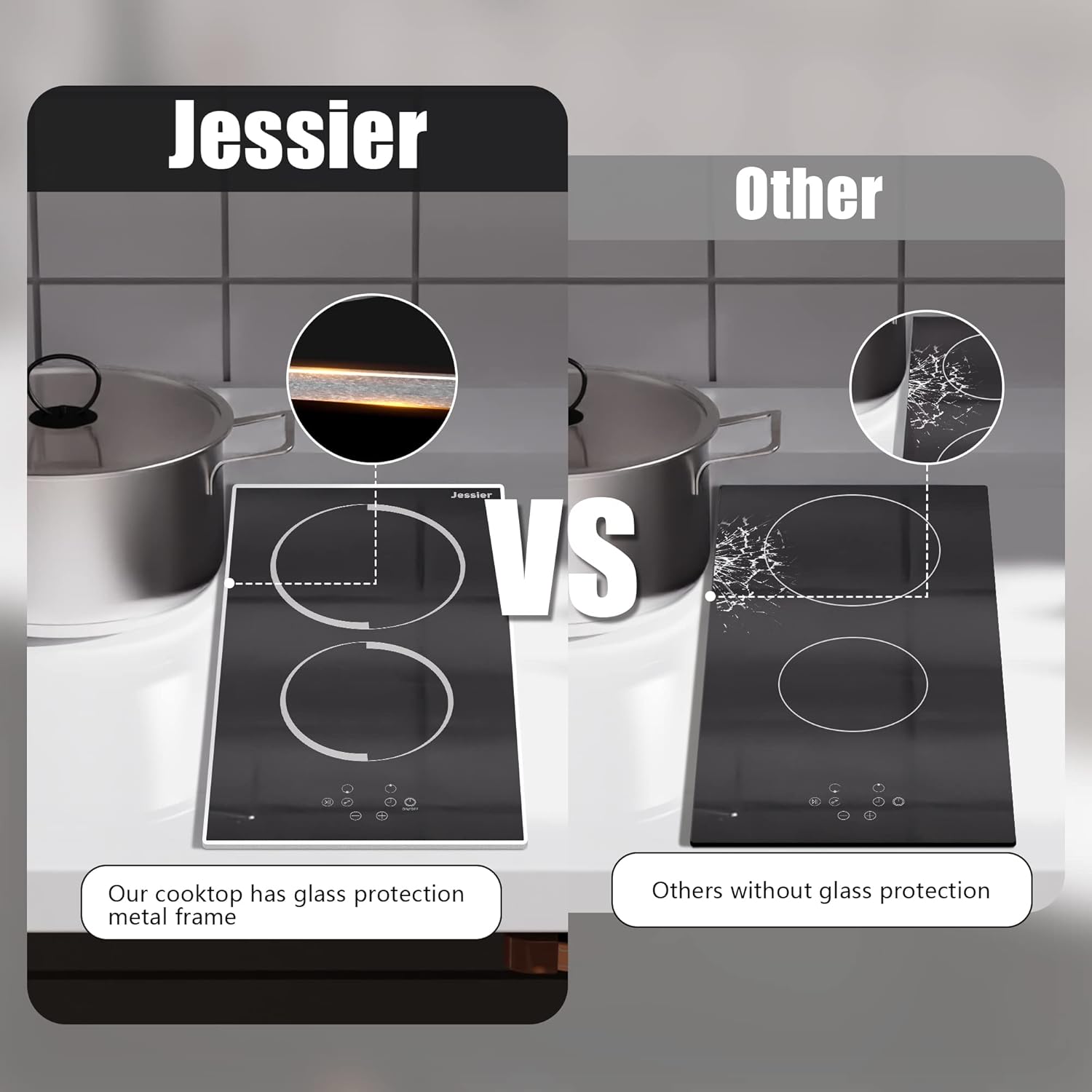 Jessier Electric Cooktop 12 Inch - 2 Burner Countertop & Built-in Ceramic Cooktop, Electric Stove Top with Glass Protection Metal Frame, 9 Heating Level, 3000W, 220-240V Hard Wire(No Plug)