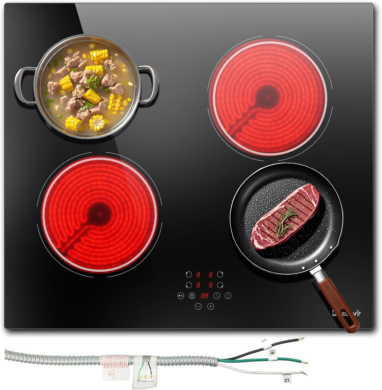 Disaenvir 24 Inch Electric Cooktop - 4 Burner Glass Electric Stove Top 6000W, 24 Inches Built-in Ceramic Stovetop with Timer, Safety Lock, Pause, Touch Control, 220V - 240V Hard Wire(No Plug)