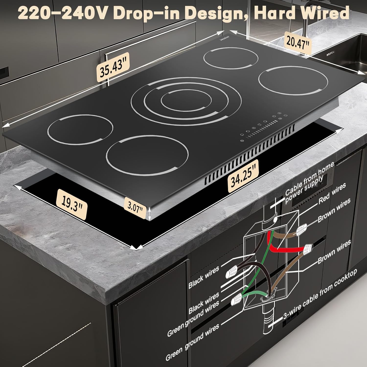 Jessier Electric Cooktop 36 Inch - Built-in 5 Burner Electric Stove 9200W High Power, 36" Cooktop Stove with Metal Frame Protection, Slide Touch, Timer, Safety Lock, 220-240V Hard Wired (No Plug)