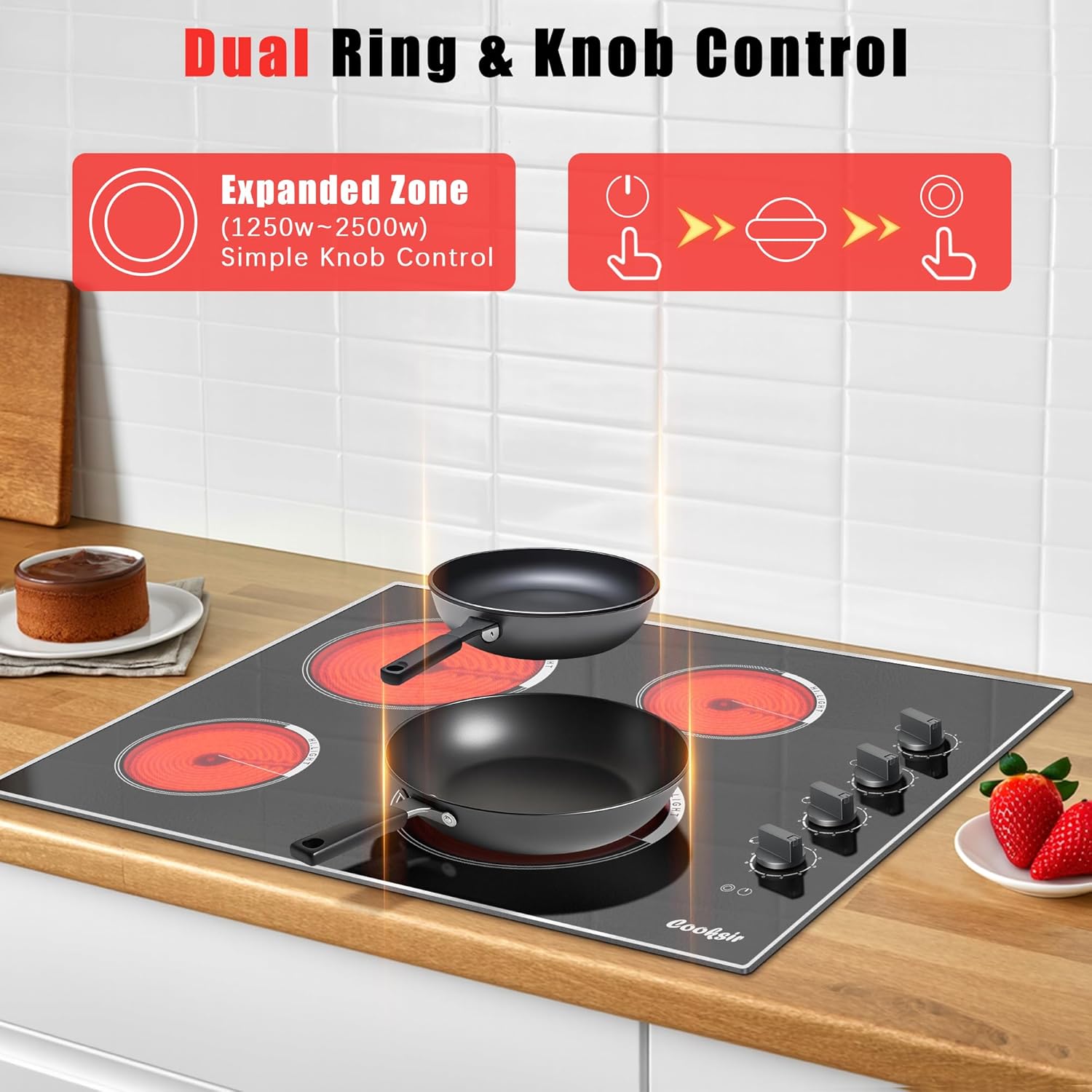 Cooksir Electric Cooktop 30 Inch - 4 Burner Built-in Electrical Stovetop 7400W, 30 In Radiant Electric Stove with Glass Protection Metal Frame, Auto Shut Off Protection, 220-240V Hard Wired (No Plug)