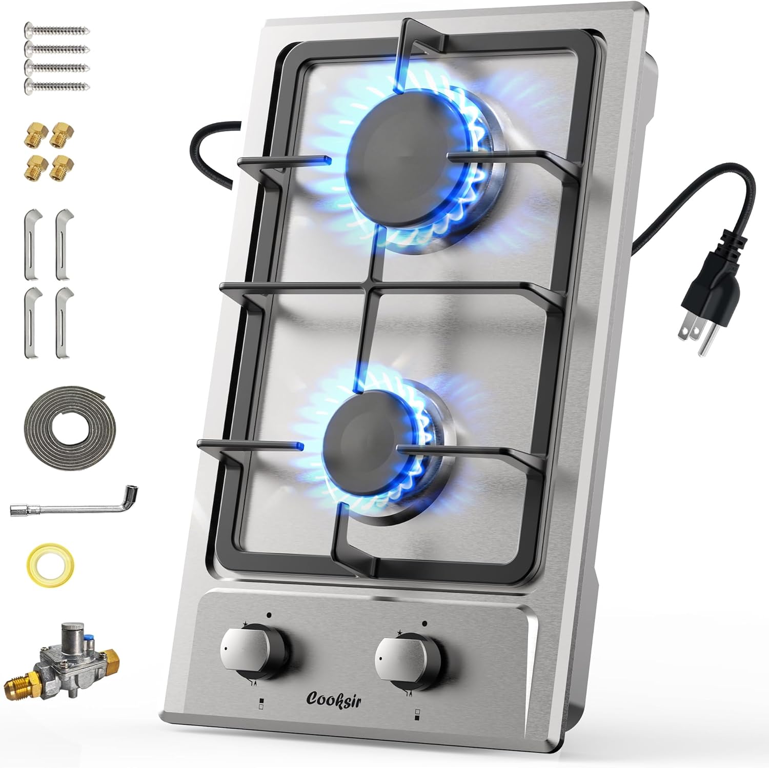 Cooksir Gas Cooktop 2 Burner - 12 Inch Built-in 2 Burner Propane Stove, NG/LPG Convertible Stainless Steel Gas Stovetop with Flame Out Protection for Apartment, Kitchen, RV, Dorms, 110V Plug in