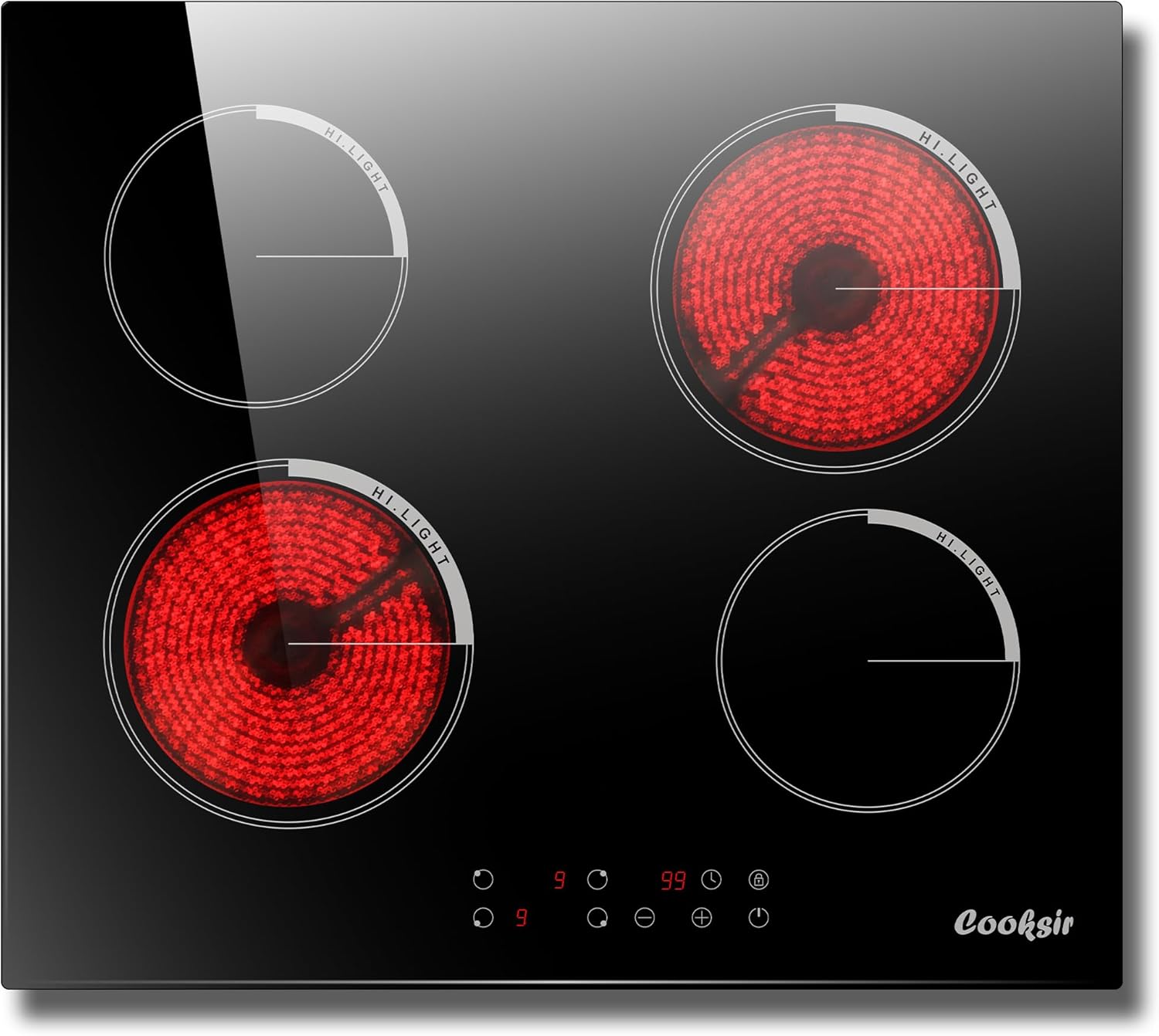 Cooksir Electric Cooktop 24 Inch, 4 Burner Electric Stove Top Drop-in 220V-240V, 24 Inch large Ceramic Stovetop with Ceramic Glass, Timer, Kids Safety Lock, 9 Heating Level, 220V Hard Wired (No Plug)