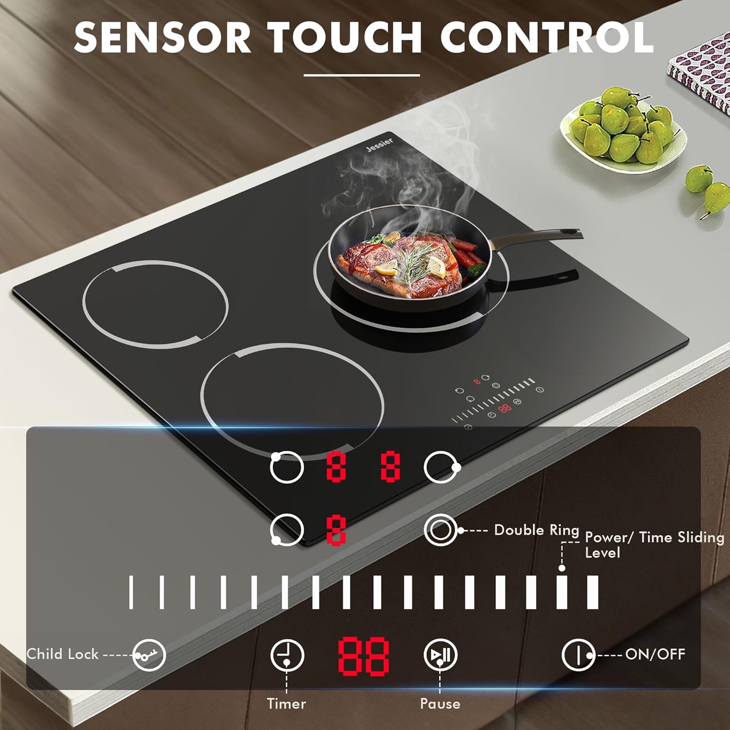 Jessier Electric Cooktop 24 Inch - 3 Burner Bulit-in Electric Ceramic Cooktop, Radiant Ceramic Stovetop with 9 Heating Level, Timer, Safety Lock, 5200W 220-240V Hard Wire Sensor Touch Control(No Plug)