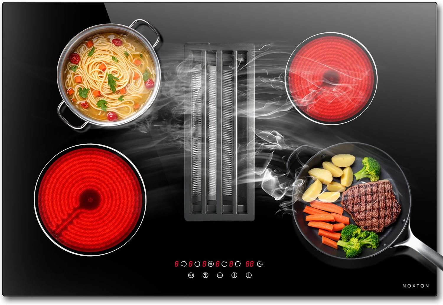 Noxton 30" Electric Cooktop with Downdraft Vent, 4 Burner Radiant Stove Top, 6000W, 240V Hardwired, 9 Heat Settings, 99-Min Timer, Pause & Child Lock