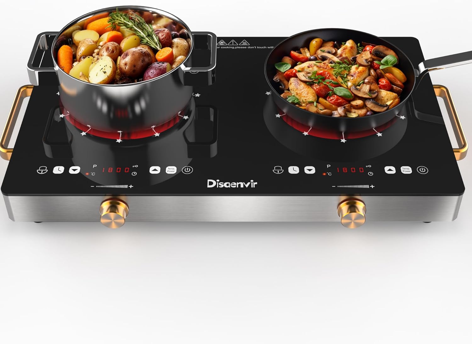 Disaenvir 2 Burner Electric Cooktop 110V - 24 Inch Countertop Electric Stove with Handles 2000W, Two Burner Ceramic Burner with LCD Touch Screen and Knob Control, Timer, Safety Lock, 120V Plug in