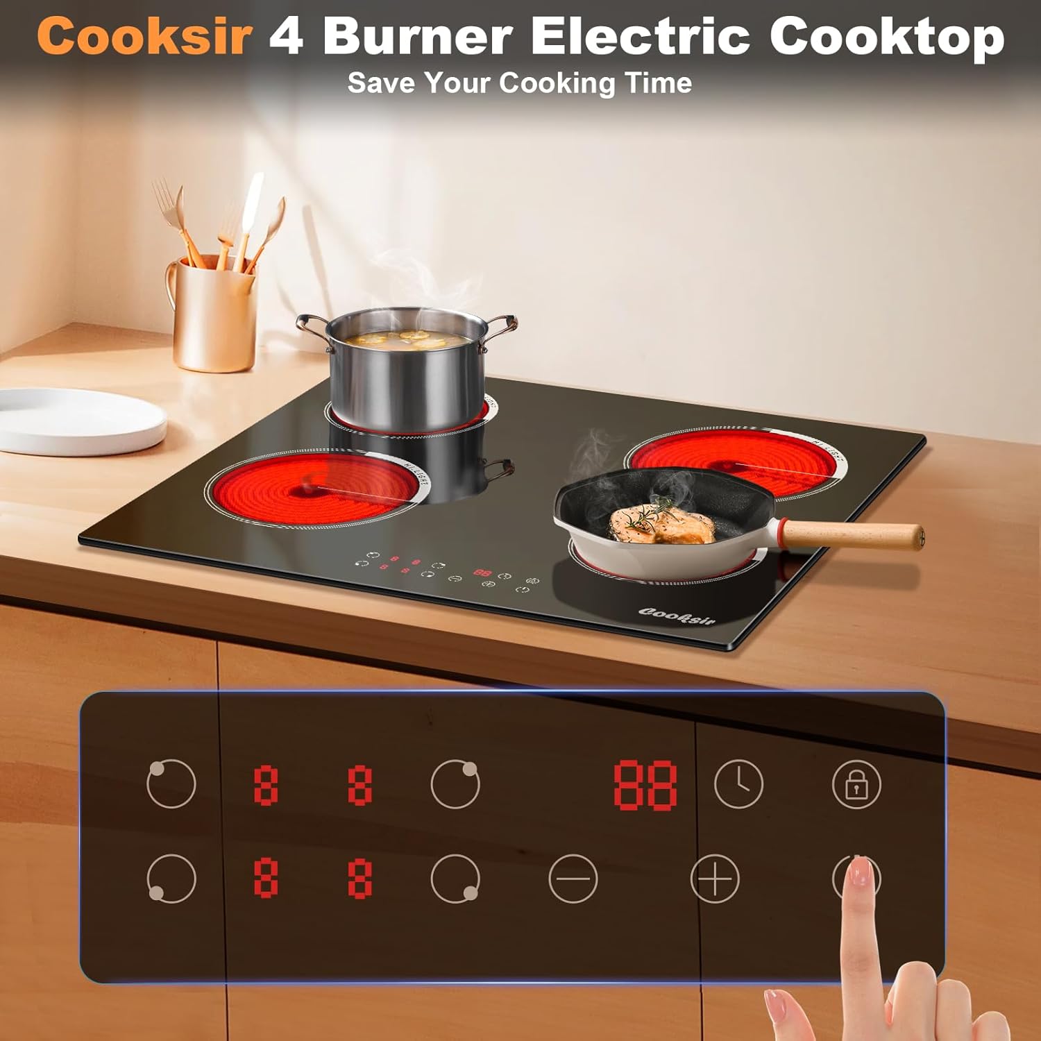 Cooksir Electric Cooktop 24 Inch, 4 Burner Electric Stove Top Drop-in 220V-240V, 24 Inch large Ceramic Stovetop with Ceramic Glass, Timer, Kids Safety Lock, 9 Heating Level, 220V Hard Wired (No Plug)