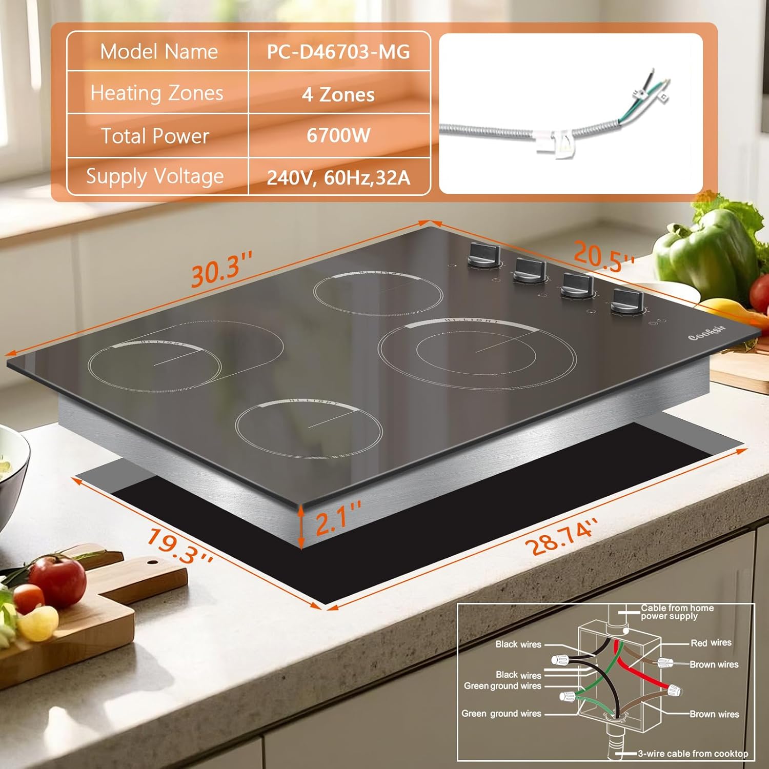 Cooksir Electric Cooktop 30 Inch - 4 Burner Built-in Glass Ceramic Stovetop 6700W, 30 Inches Electric Cooktop with Oval & Expanded Ring, Knob Control, Overheat Protection, 220V-240V Hard Wire(No Plug)