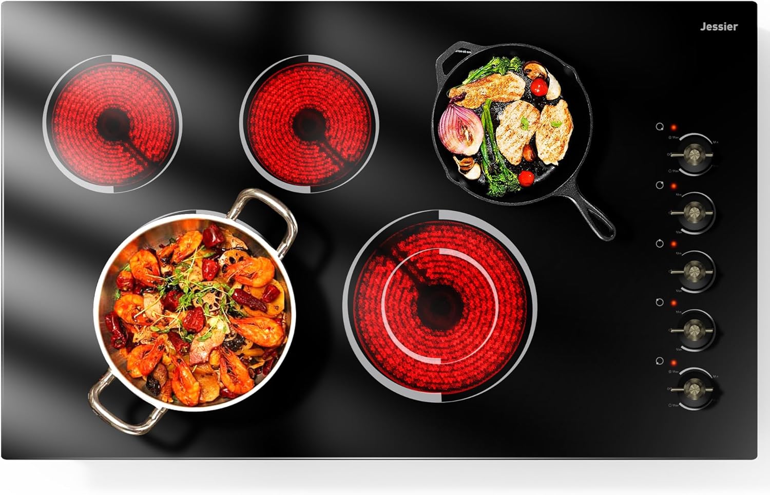 Jessier 36 Inch Electric Cooktop - Drop-in 5 Burner Electric Stove Top 8400W High Power, 36" Ceramic Cooktop Stove with Knob Touch, Dual Ring, Overheat Protection, 220-240V Hard Wired (No Plug)