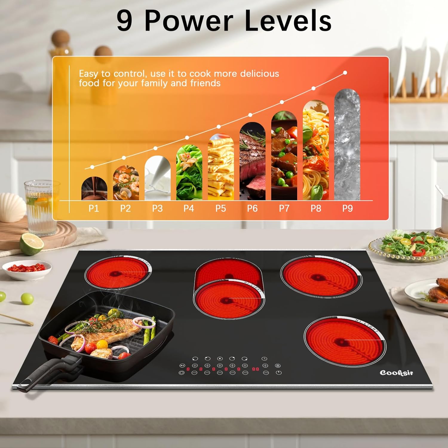Cooksir Electric Cooktop 30 Inch - 5 Burner Electric Stove Built-in 8400W High Power, 30 In Ceramic Stove Touch Control with Timer, Safety Lock, Glass Metal Prame, 220-240V Hard Wired (No Plug)