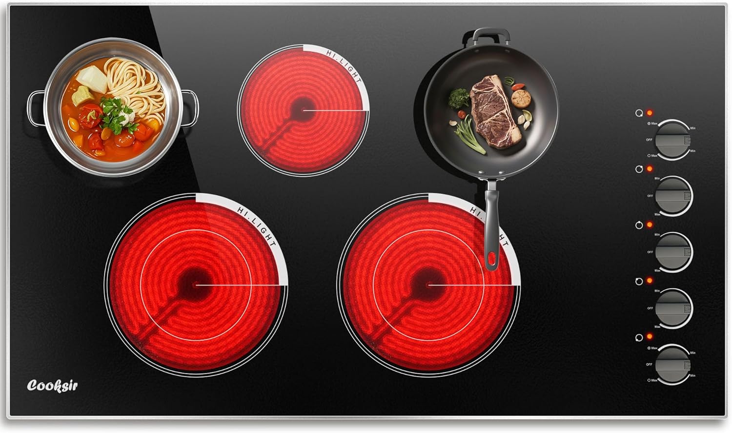 Cooksir 36 Inch Electric Cooktop - 5 Burner Electric Stove with 8400W High Power, 36" Large Built-in 5 Zones Radiant Ceramic Stove Knob Control, Residual Heat Indicator, 220-240V Hard Wired (No Plug)