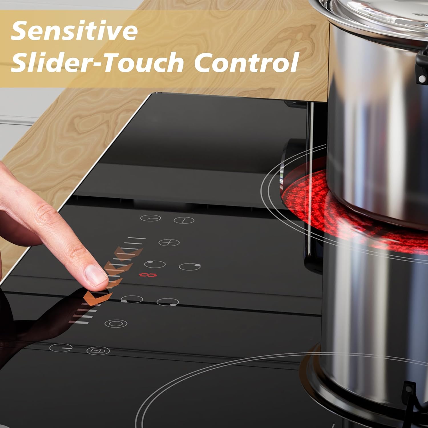 Cooksir 4 Burner Electric Cooktop - 24 Inch Electric Stovetop Built-in 6600W, Radiant Ceramic Stove with Oval Zone, Dual Zone, Glass Metal Frame, Safety Lock, Timer, 220-240V Hard Wired (No Plug)