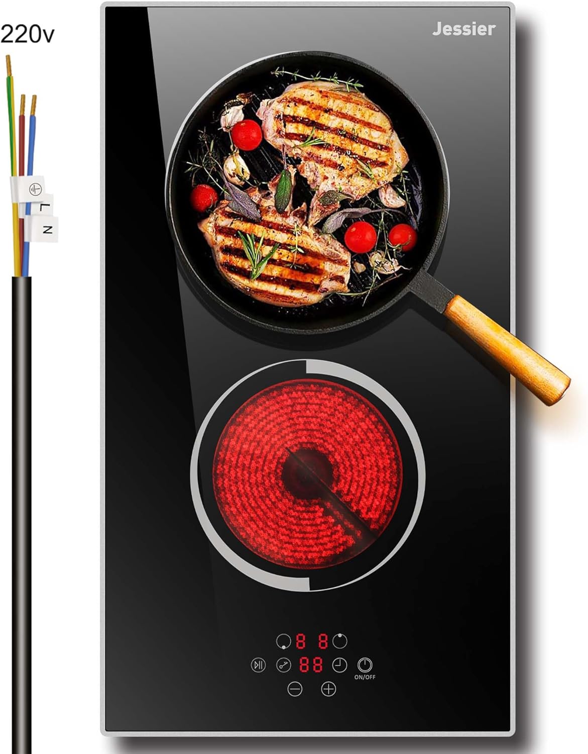 Jessier Electric Cooktop 12 Inch - 2 Burner Countertop & Built-in Ceramic Cooktop, Electric Stove Top with Glass Protection Metal Frame, 9 Heating Level, 3000W, 220-240V Hard Wire(No Plug)