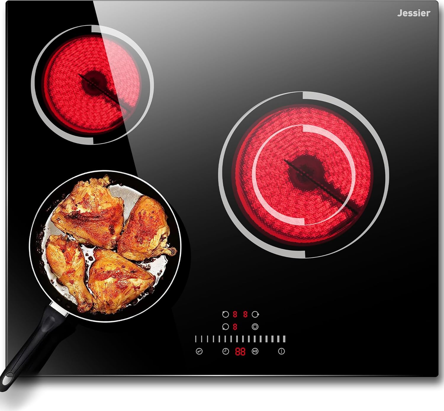 Jessier Electric Cooktop 24 Inch - 3 Burner Bulit-in Electric Ceramic Cooktop, Radiant Ceramic Stovetop with 9 Heating Level, Timer, Safety Lock, 5200W 220-240V Hard Wire Sensor Touch Control(No Plug)