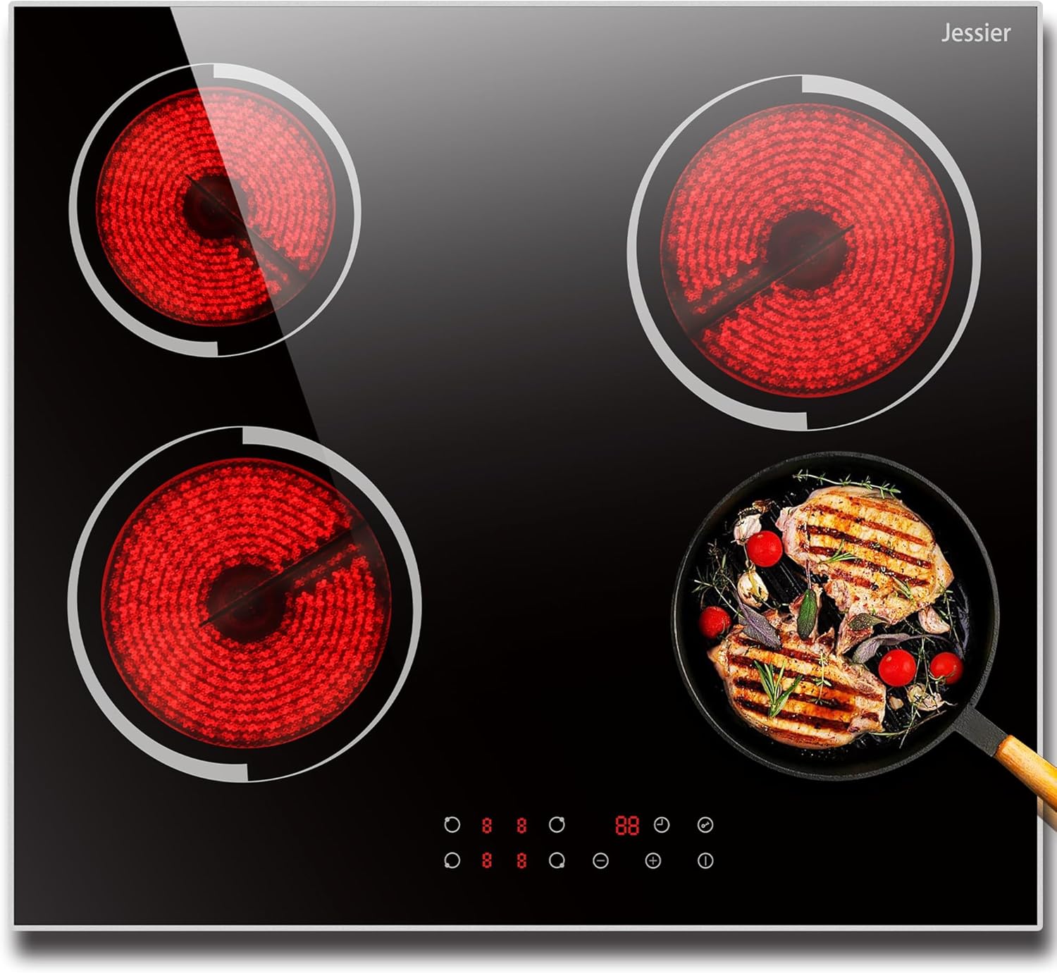Jessier Electric Cooktop 24 Inch - 4 Burner Drop-in Electric Ceramic Cooktop, Electric Stove Top with Glass Protection Metal Frame, 9 Heating Level, 6000W, 220-240V for Hard Wire(No Plug)
