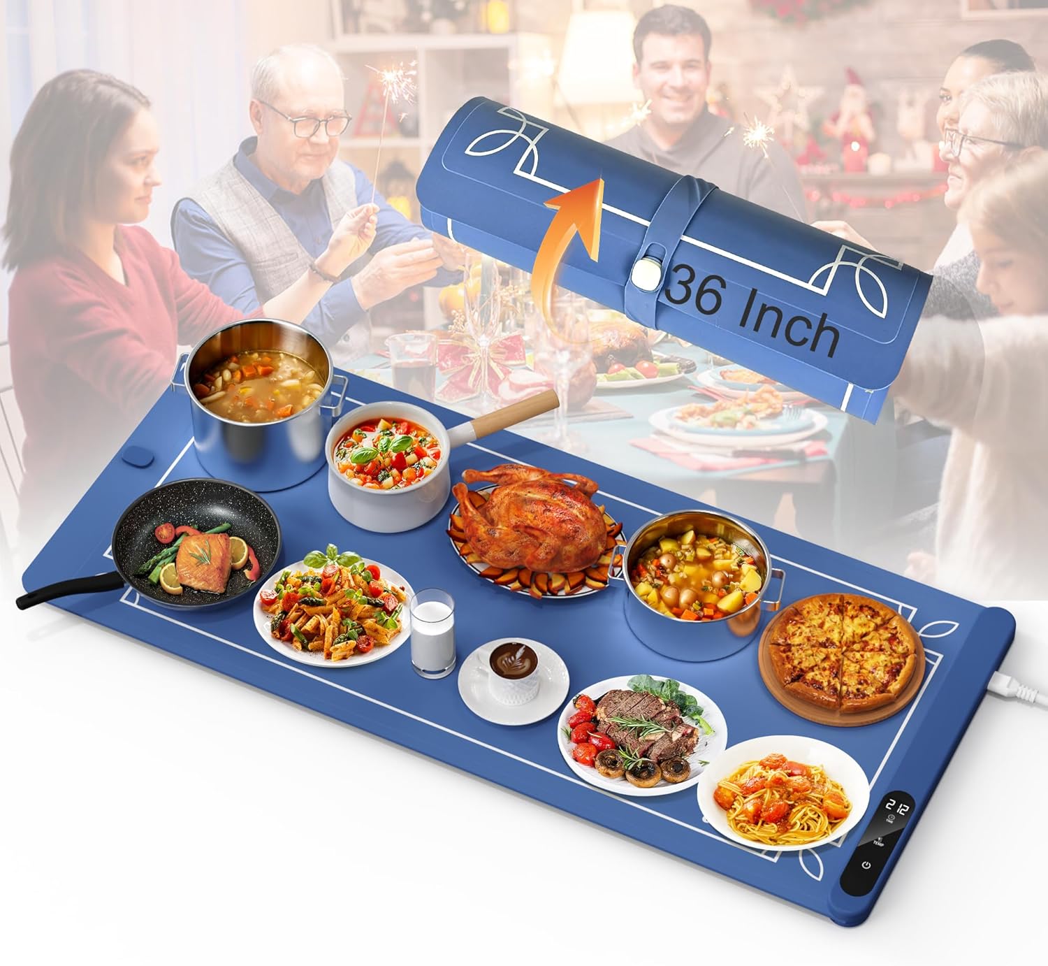 Cooksir Extra Large Food Warming Mat - Foldable Warming Tray for Food, Full Surface Long Food Warmer for Buffets, Parties, Gatherings, Holidays, Timer, 6 Level Temperature, 36 Inch (Navy Blue)