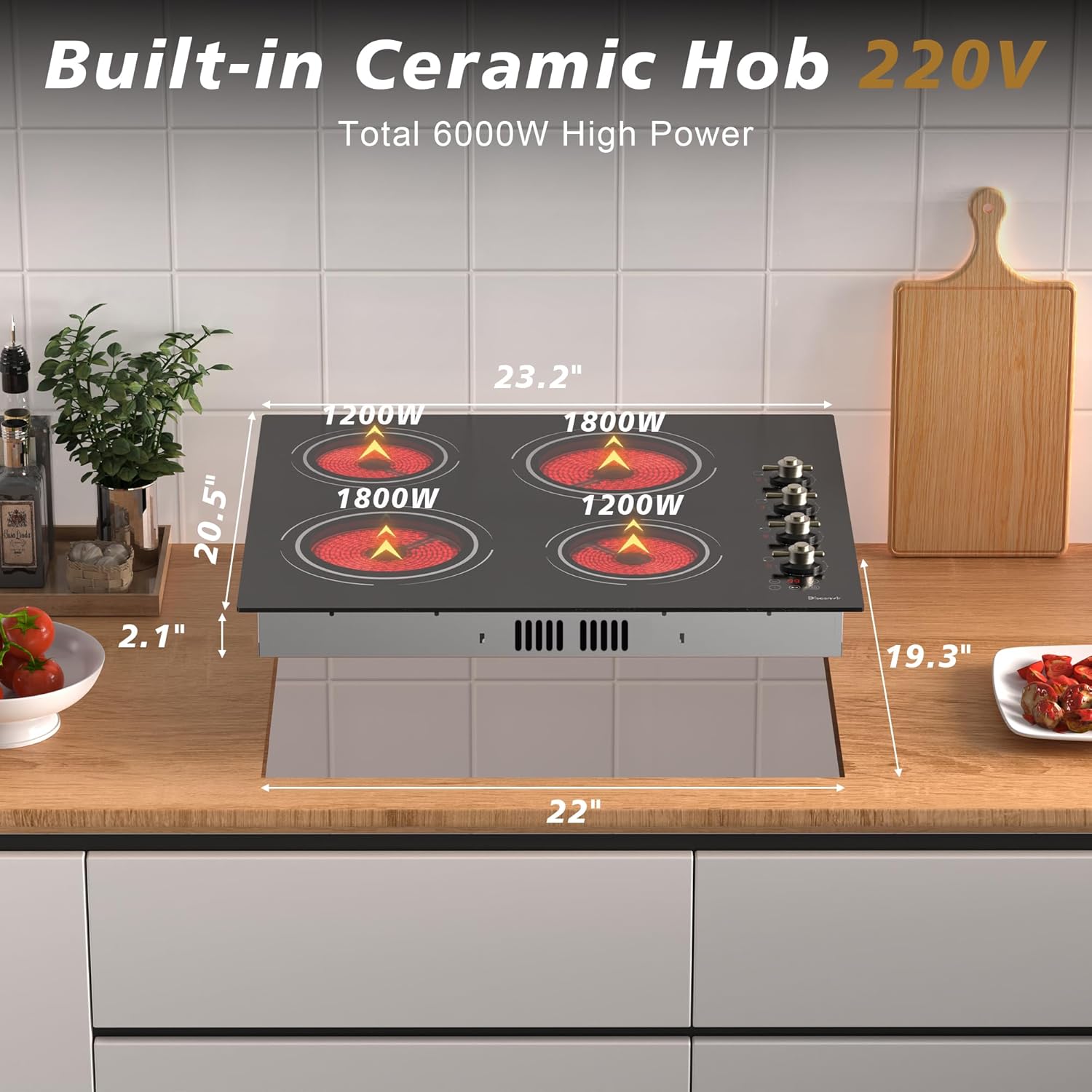Disaenvir 24 Inch Electric Cooktop - 4 Burner Drop-in Glass Ceramic Stove Top 6000W, 220V Radiant Electric Stove, 9 Power Level, Pause Key, Safety Lock, Touch & Knob Control, 240V Hard Wired (No Plug)