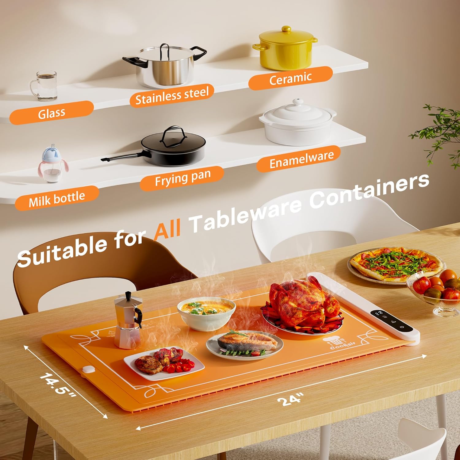 Cooksir Electric Warming Mat - Foldable Tray for Food, Upgraded Graphene Silicone Warmer for Buffets, Parties, Gatherings, Holidays, Timer, 6 Level Temperature, 24 Inch (Orange)