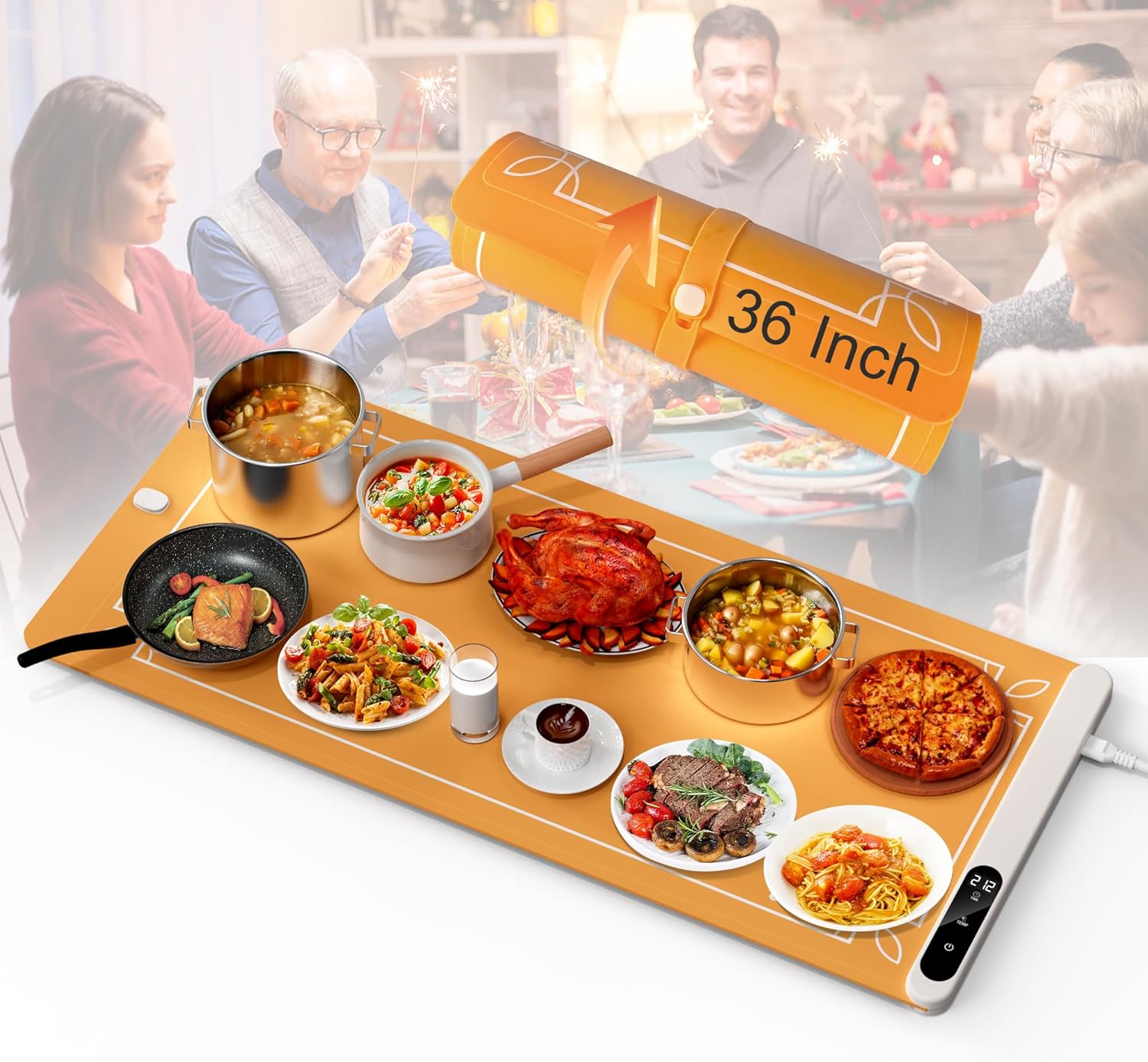 Cooksir Extra Large Food Warming Mat - Foldable Warming Tray for Food, Full Surface Long Graphene Food Warmer for Buffets, Parties, Gatherings, Holidays, Timer, 6 Level Temperature, 36 Inch (Orange)