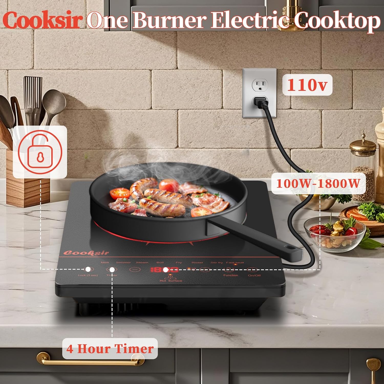 Cooksir Single Burner Electric Cooktop - Portable One Burner Electrical Stove, 1800W Infrared Electric Hot Plate with Safety Lock, Timer, Overheat Protection, Touch Control, 110V-120V Plug in (Orange)