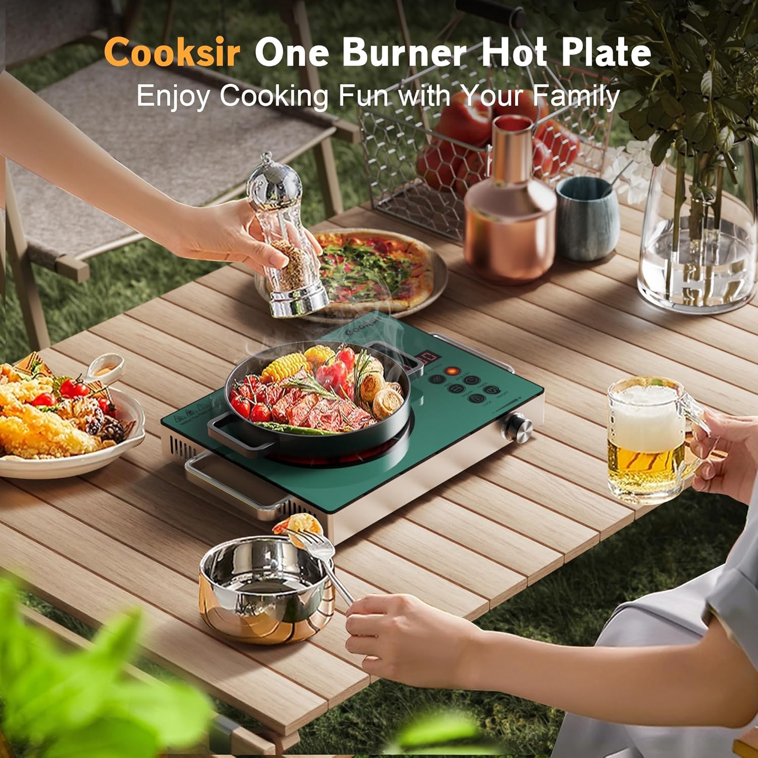 Cooksir Single Burner Electric Cooktop - 110V 1800W Portable One Burner Hot Plate, Countertop Electric Stove top for Home, Camping, RV, Timer, Child Lock, Steam, BBQ, Stir Fry, 120V Plug in (Green)