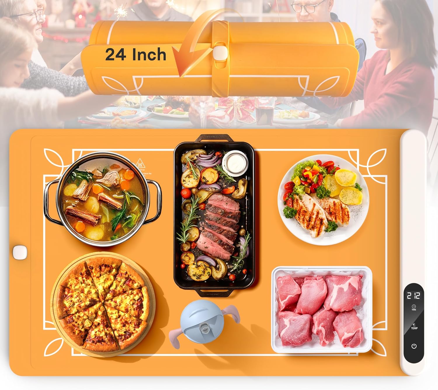 Cooksir Electric Warming Mat - Foldable Tray for Food, Upgraded Graphene Silicone Warmer for Buffets, Parties, Gatherings, Holidays, Timer, 6 Level Temperature, 24 Inch (Orange)