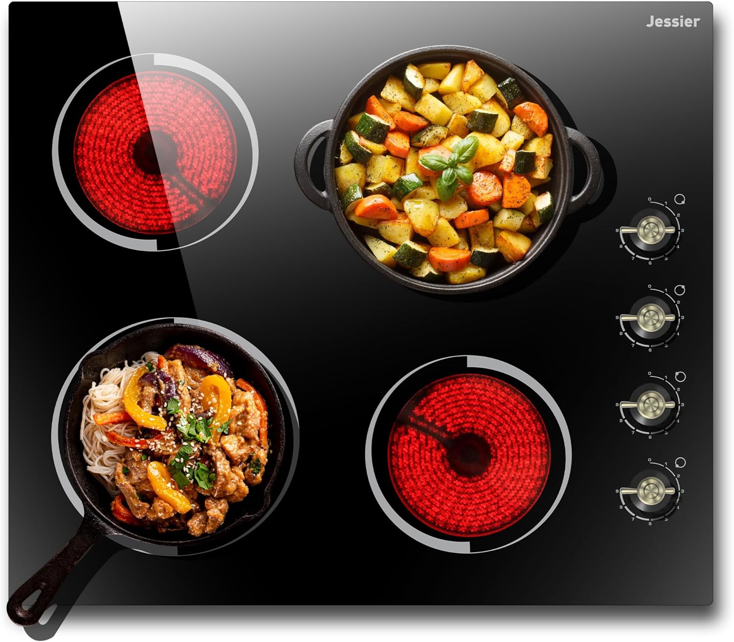 Jessier Electric Cooktop 24 Inch - 4 Burner Drop-in Radiant Electric Cooktop 6000W with Knob Control, 220-240V Electrical Ceramic Stove Top with 9 Heating Levels and Residual Heat Indication (No Plug)