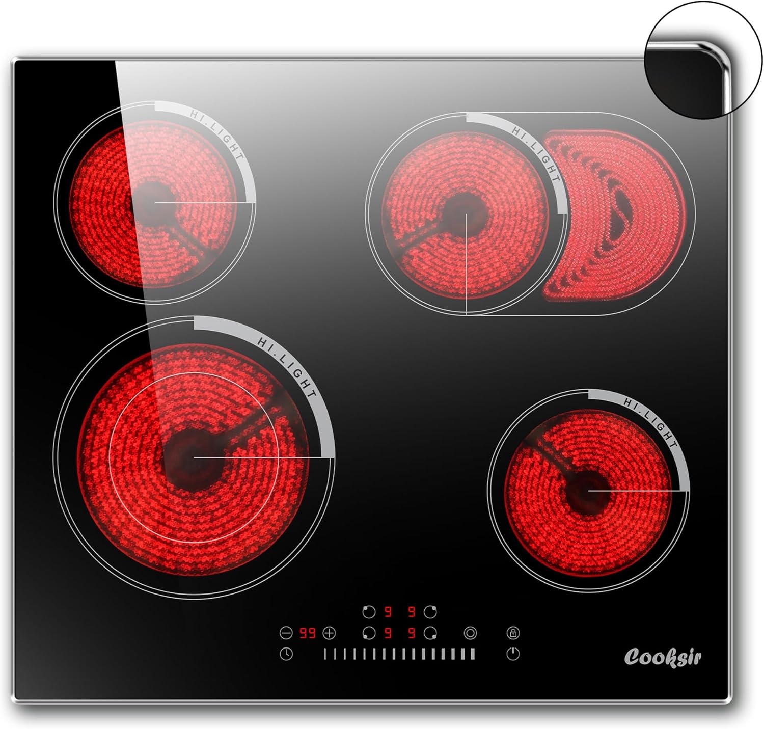 Cooksir 4 Burner Electric Cooktop - 24 Inch Electric Stovetop Built-in 6600W, Radiant Ceramic Stove with Oval Zone, Dual Zone, Glass Metal Frame, Safety Lock, Timer, 220-240V Hard Wired (No Plug)