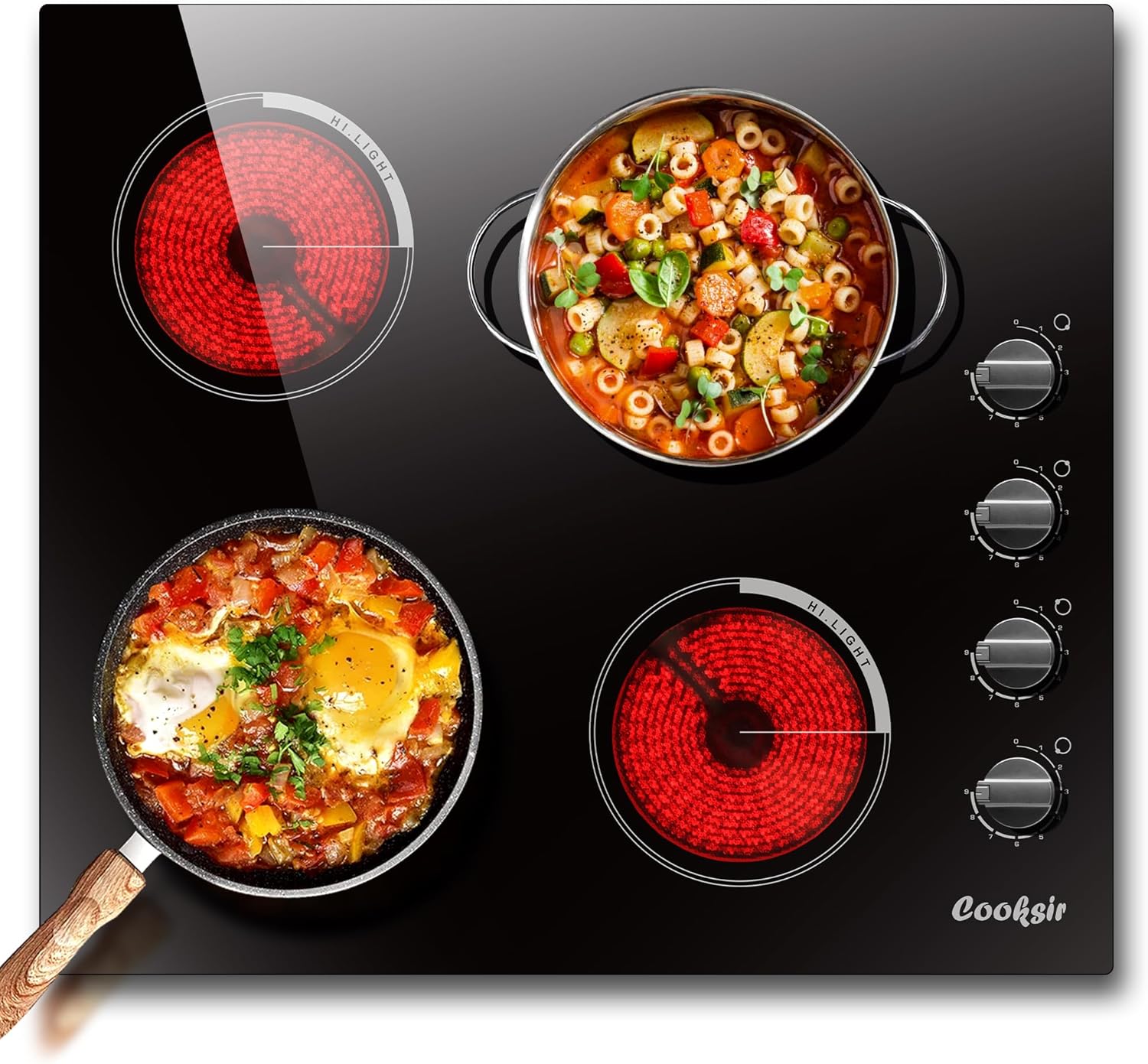 Cooksir Electric Cooktop 24 Inch - 4 Burner Built-in Electric Stove Top 6000W, Radiant Electrical Stovetop with 9 Heating Level, Knob Control, Auto Shut Off Protection, 220-240V Hard Wired (No Plug)